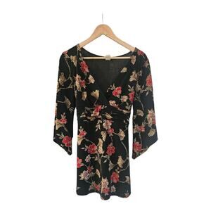 Cocomo Womens L Tunic Top Asian Inspired Floral Babydoll Flair Sleeves FairyGoth